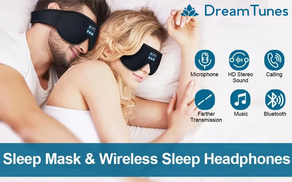 a man and woman sleeping in bed with a mask